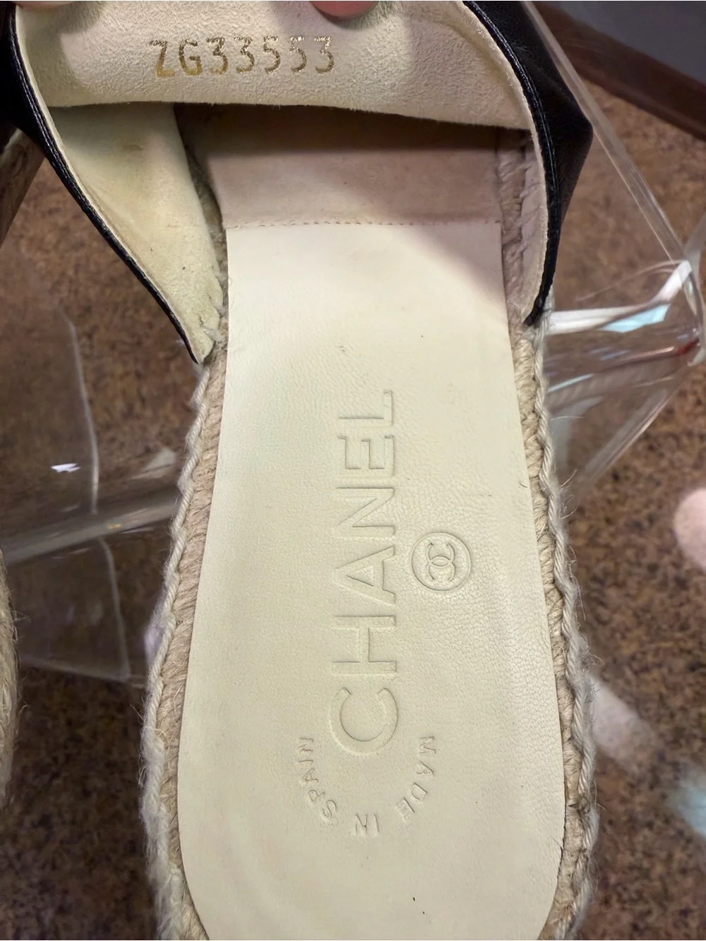 CHANEL Authentic Black Leather Patent CC Espadrille Mule Slides Size 39